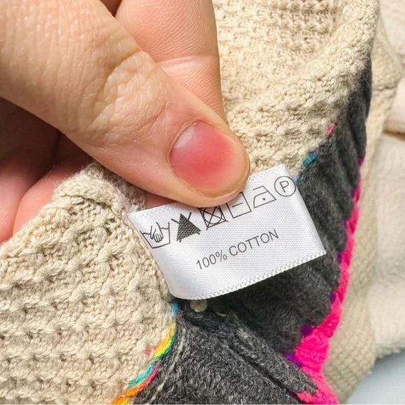 Lisa Todd Cream/Tan & Neon Rainbow Colorblock Border Order Knit Cotton Sweater M - Picture 8 of 8